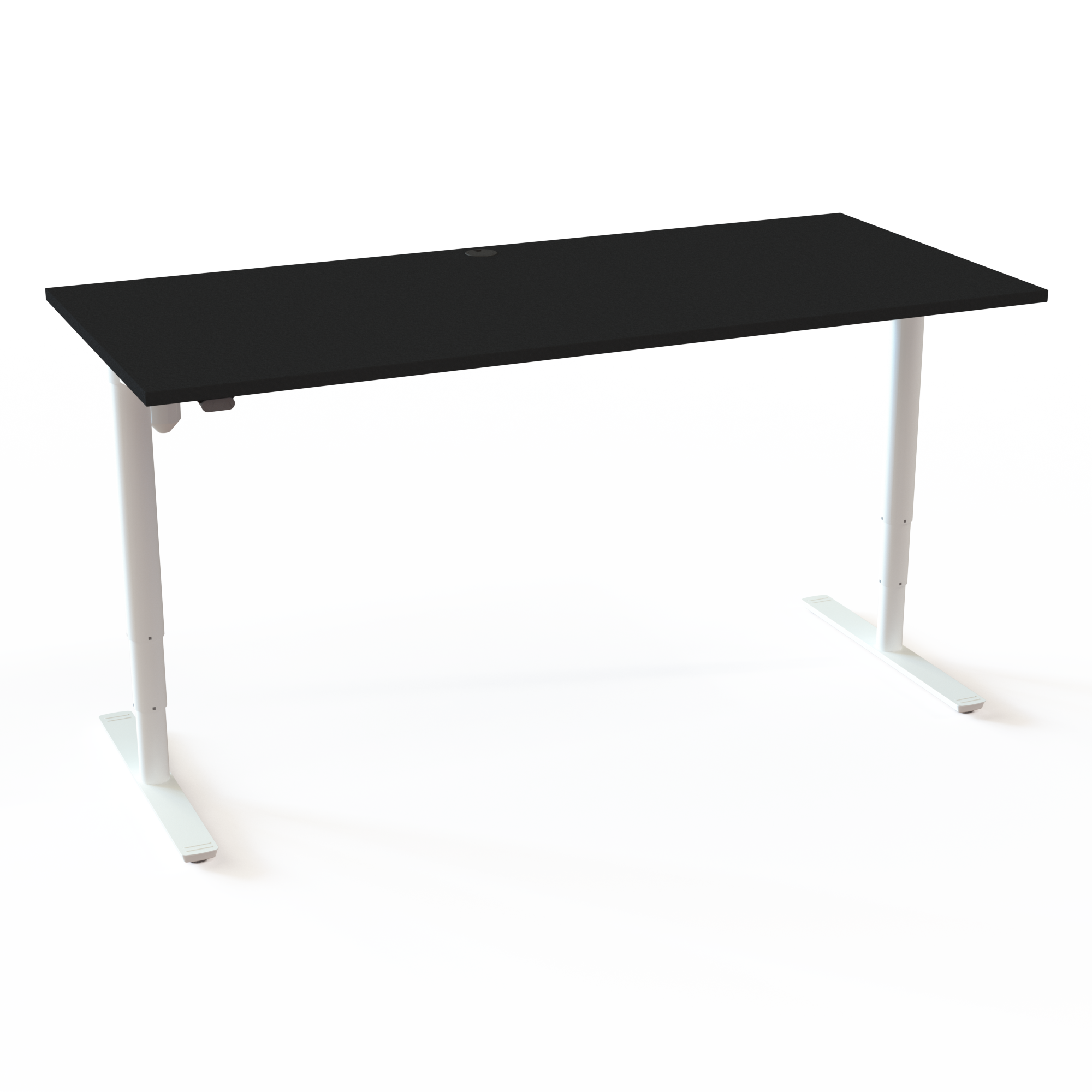 Det elektriske skrivebord med runde søjler tilbyder et minimalistisk udtryk med bordplade i sort  og understel i hvid. Størrelsen er 180x80. Højden er 65-125cm og bordet løfter 100kg.