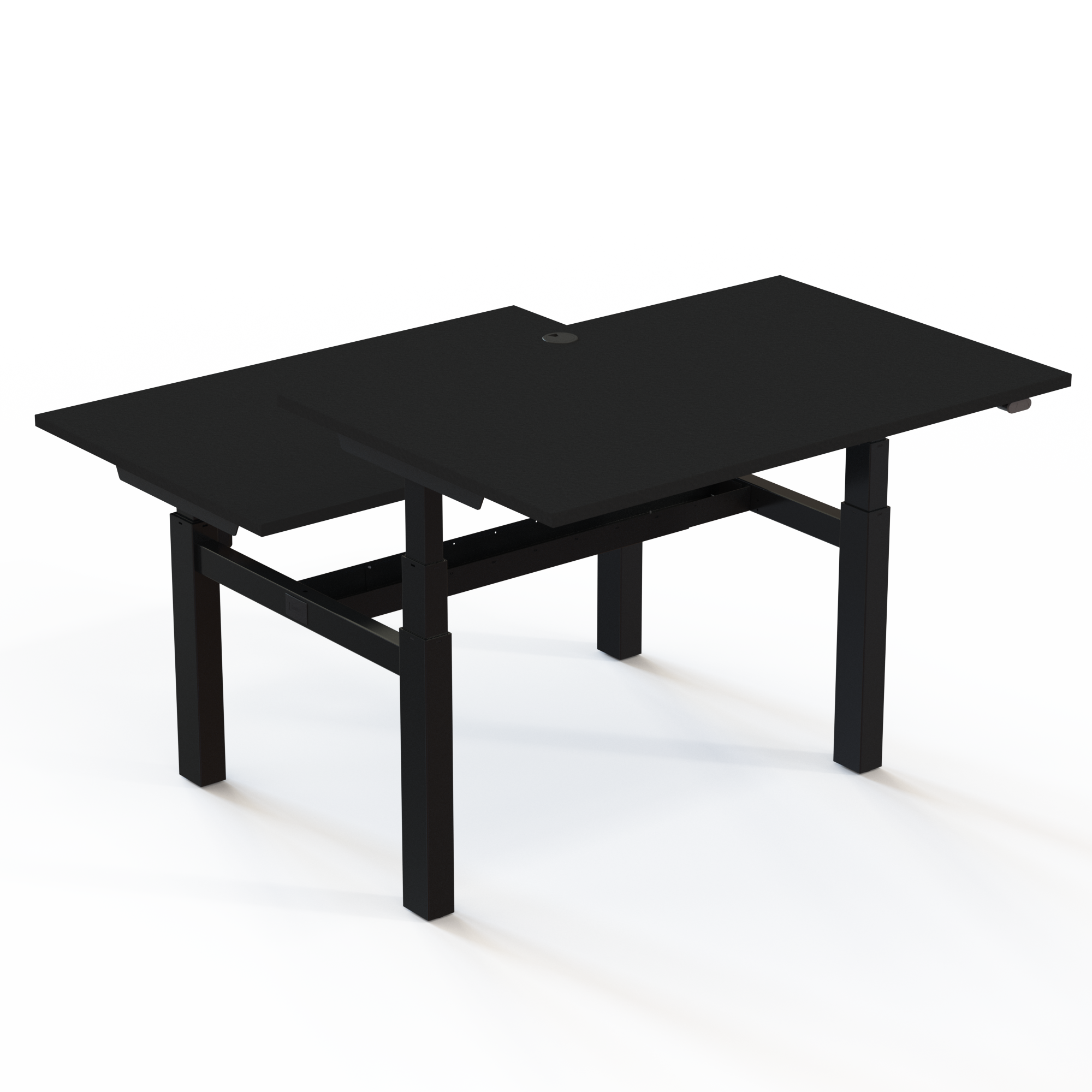 2 personers hæve-sænkebord med bordplade i sort og understel i sort. Størrelsen er (2x)120x80. Højden er 65-125cm og bordet løfter 100kg(x2)