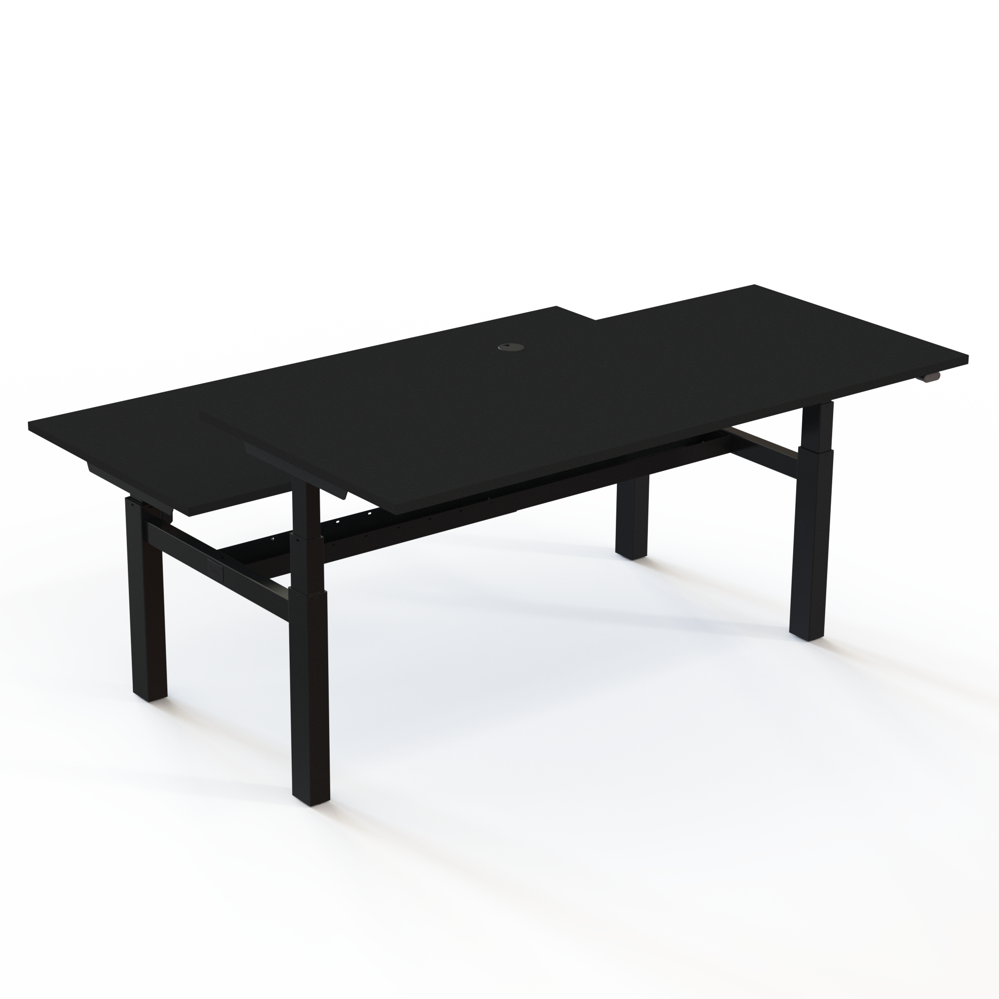 Dobbeltbord med bordplade i sort og understel i sort. Størrelsen er (2x)180x80. Højden er 65-125cm og bordet løfter 100kg(x2)