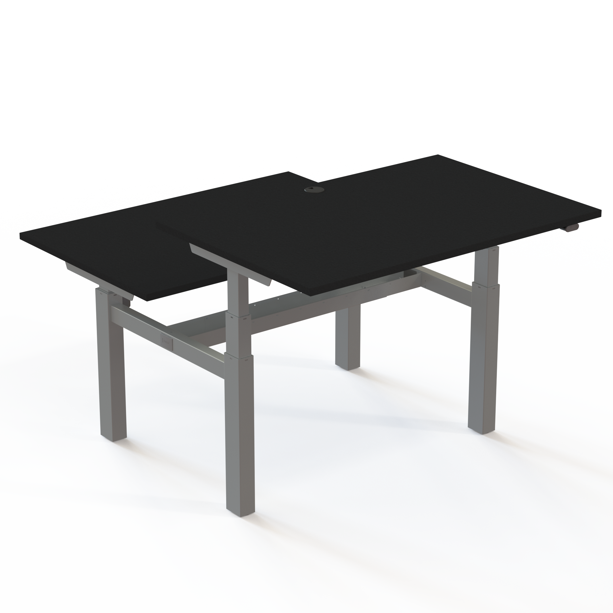 Dobbeltbord med bordplade i sort og understel i sølv. Størrelsen er (2x)120x80. Højden er 65-125cm og bordet løfter 100kg(x2)