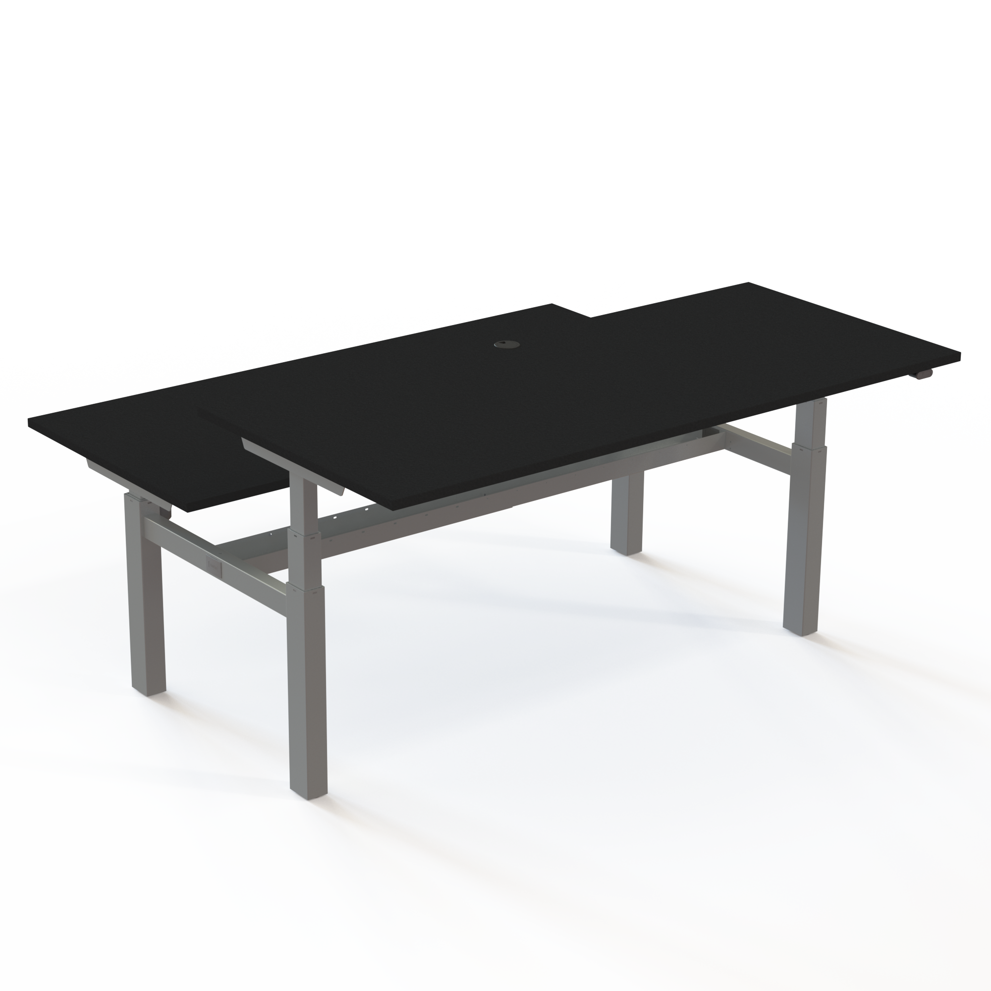Twin skrivebord med bordplade i sort og understel i sølv. Størrelsen er (2x)180x80. Højden er 65-125cm og bordet løfter 100kg(x2)