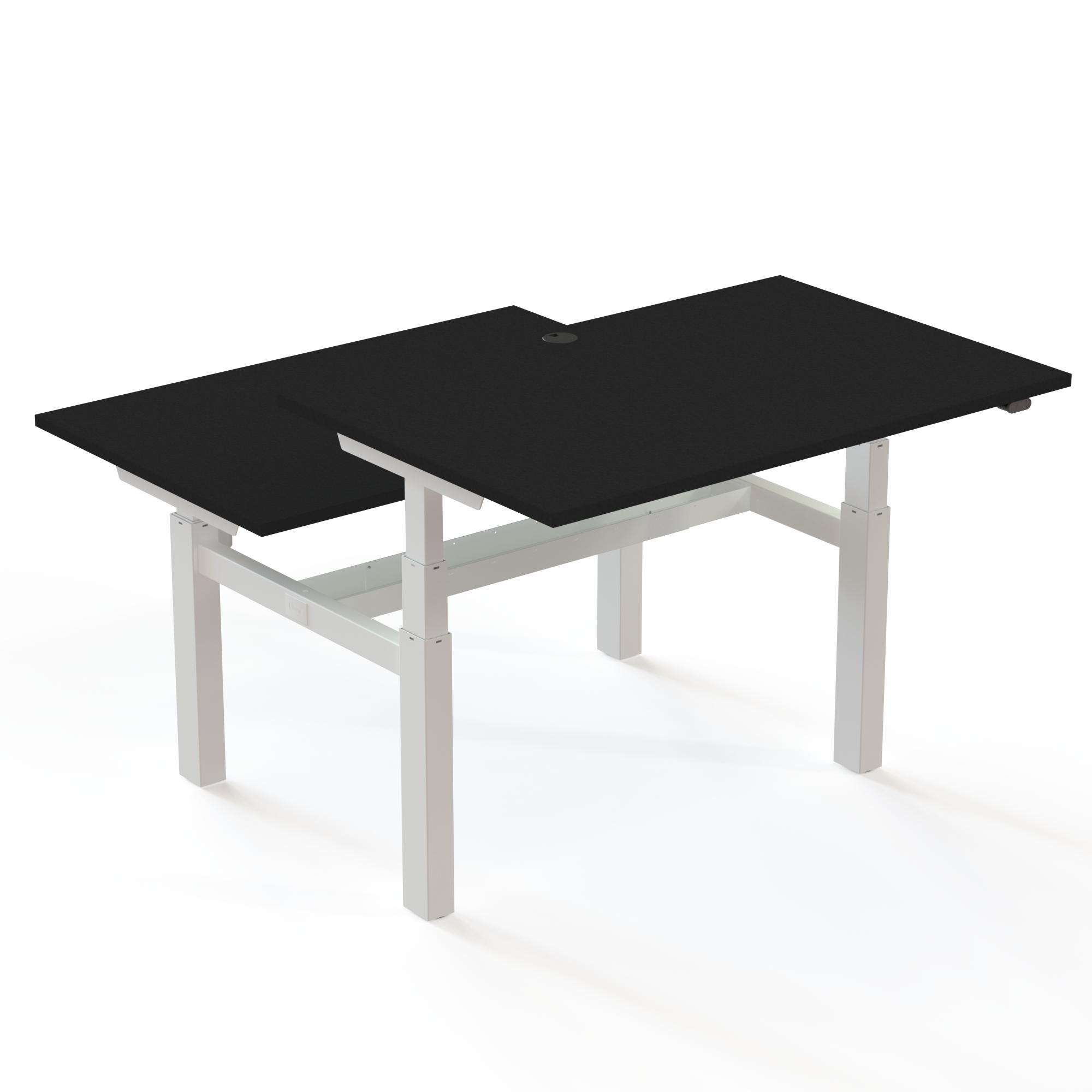 Twin skrivebord med bordplade i sort og understel i hvid. Størrelsen er (2x)120x80. Højden er 65-125cm og bordet løfter 100kg(x2)