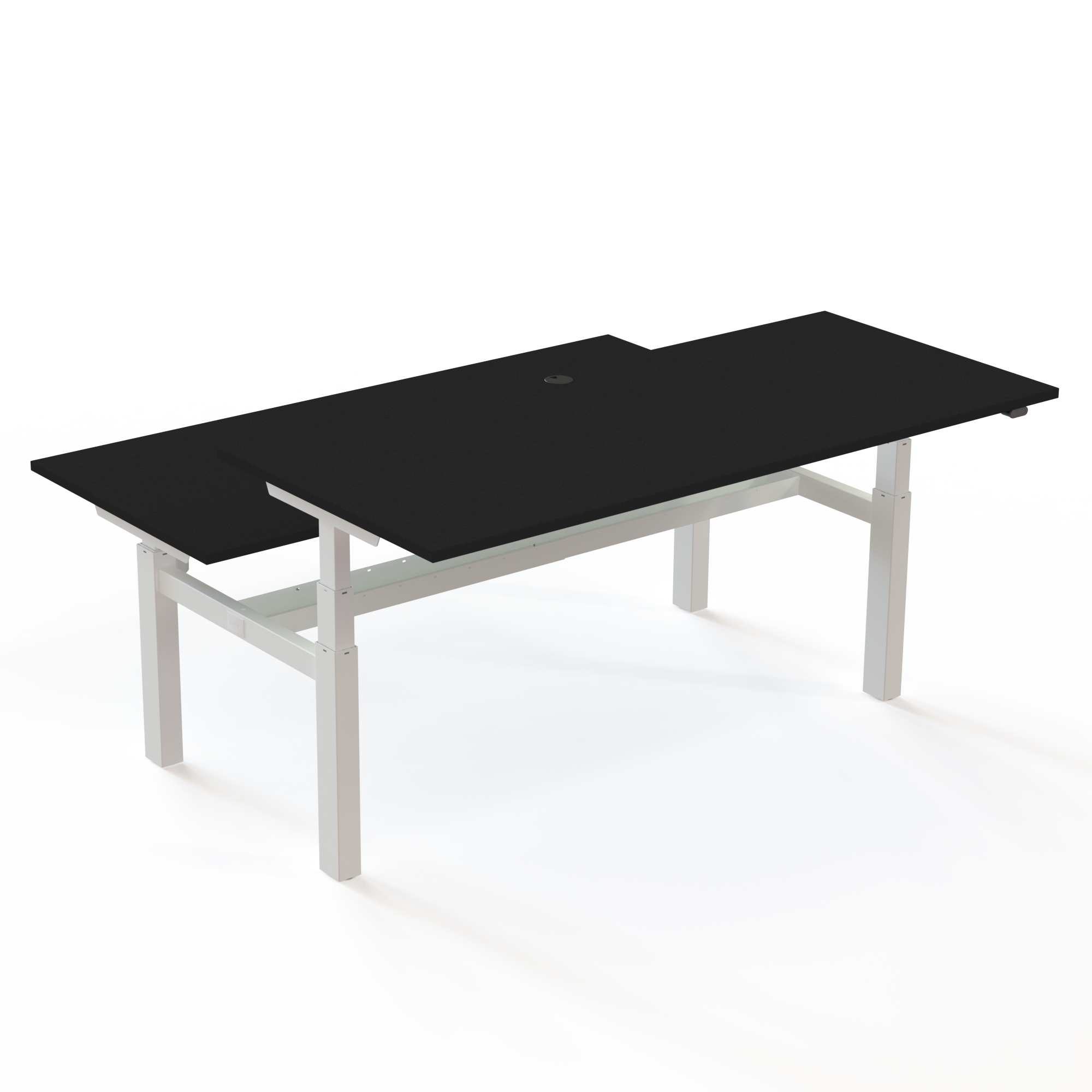 Dobbeltbord med bordplade i sort og understel i hvid. Størrelsen er (2x)180x80. Højden er 65-125cm og bordet løfter 100kg(x2)
