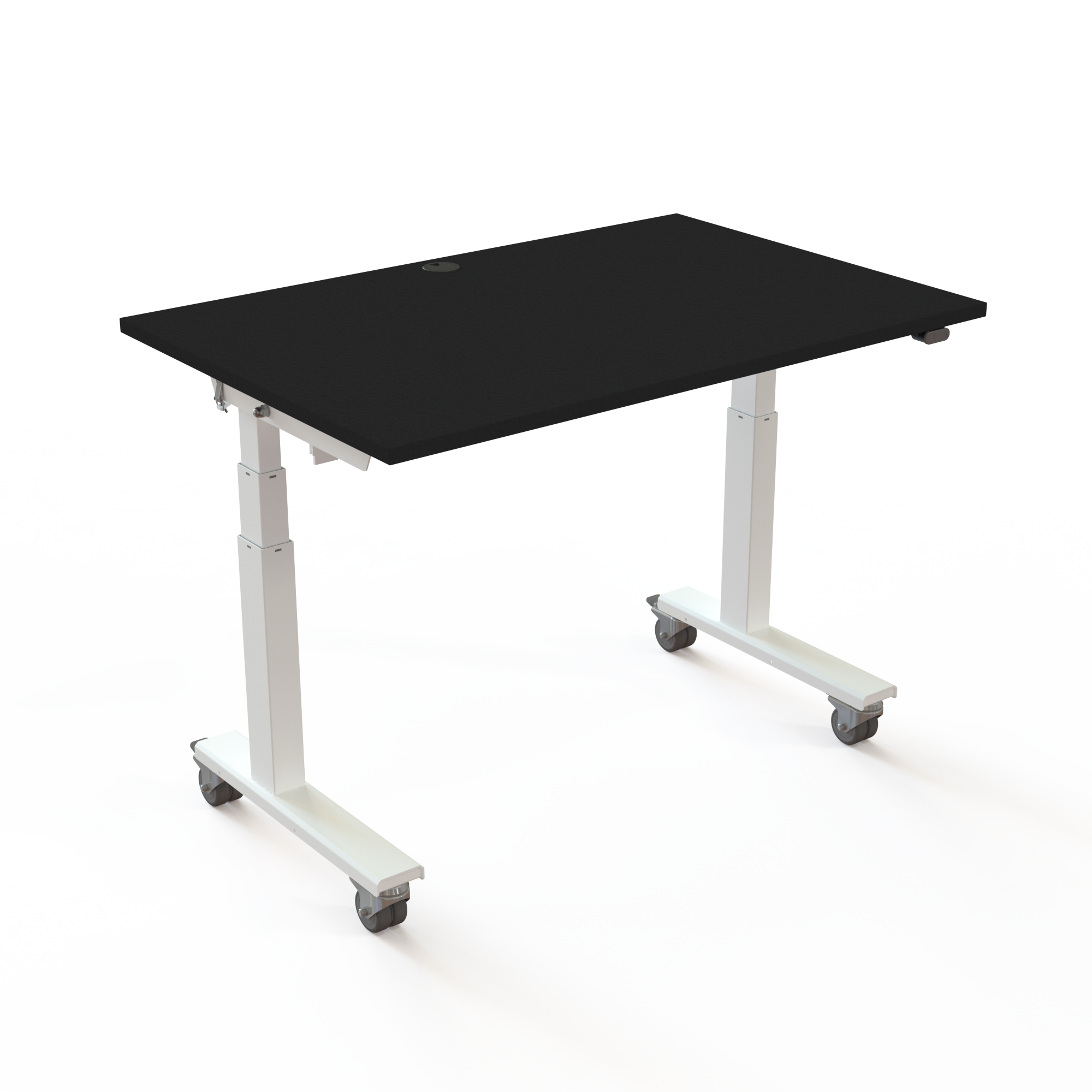 Hæve/sænke skrivebord  med flip-top og nest funktion på hjul der måler 120x80cm. Bordplade i sort og hvidt stel. Løfter 100kg.