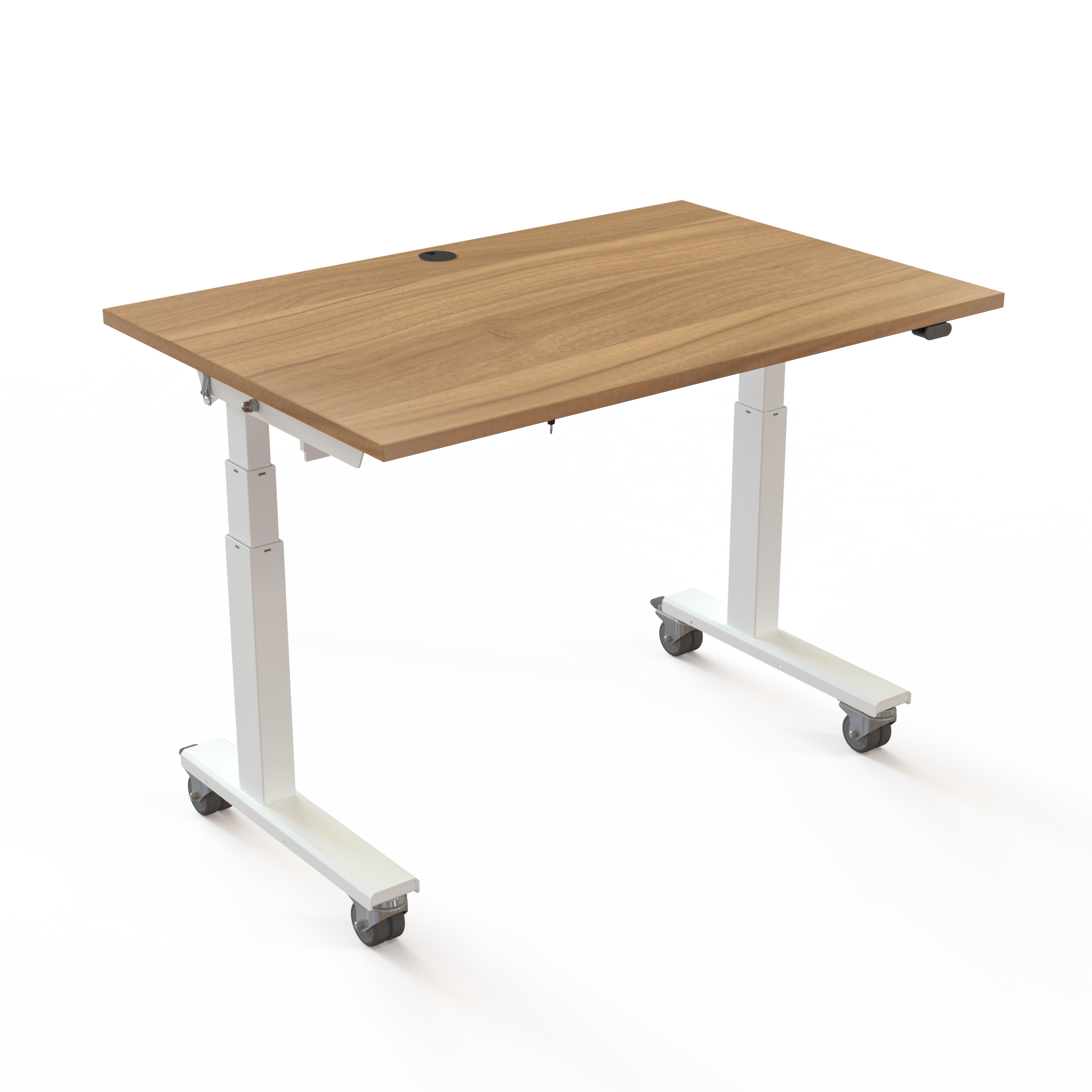 Hævesænke klapbord på hjul der måler 120x80cm. Bordplade i valnød og hvidt stel. Løfter 100kg.