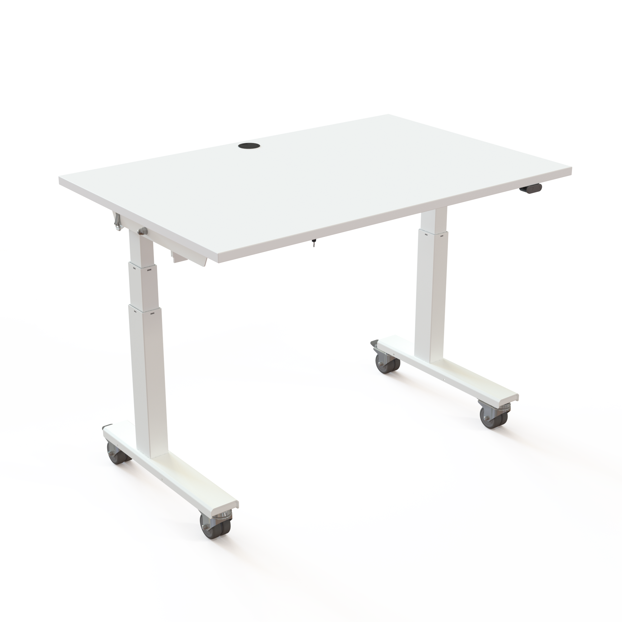 Projekt skrivebord  på hjul der måler 120x80cm. Bordplade og stel i hvid. Løfter 100kg.