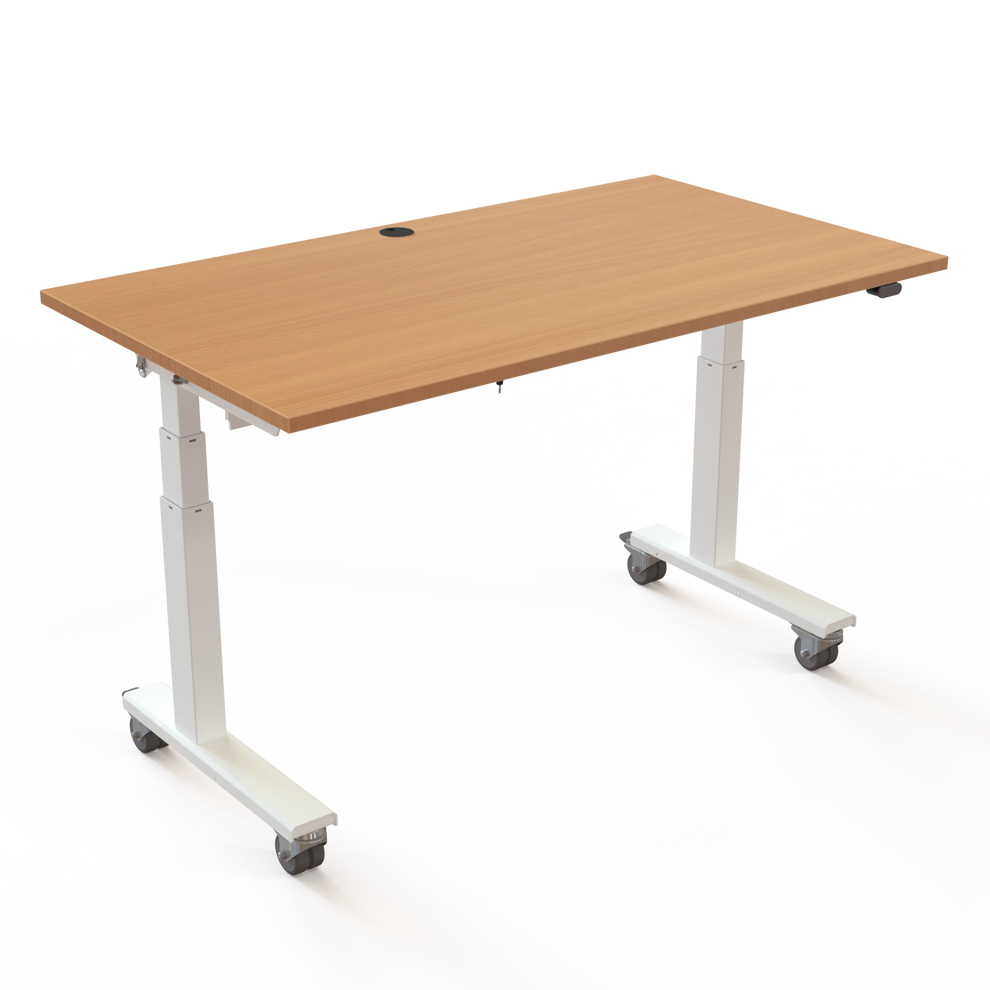 Det ergonomiske bord der måler 140x80cm. Bordplade i bøg og hvidt stel. Løfter 100kg. Pladen kan klappes og bordene køres ind i hinanden.