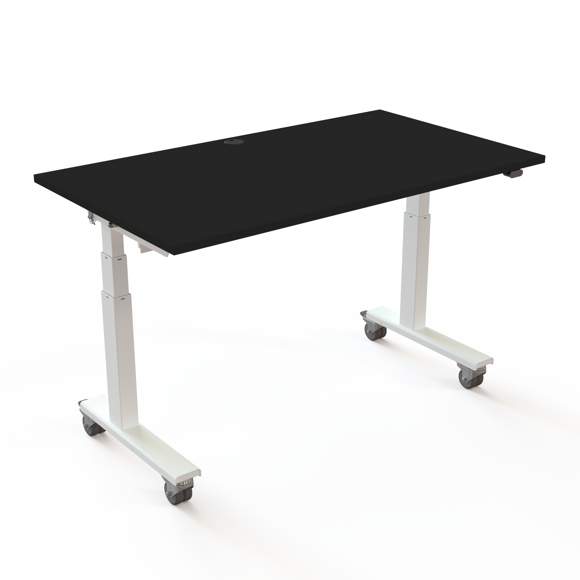 Det ergonomiske bord der måler 140x80cm. Bordplade i sort og hvidt stel. Løfter 100kg. Pladen kan klappes og bordene køres ind i hinanden.