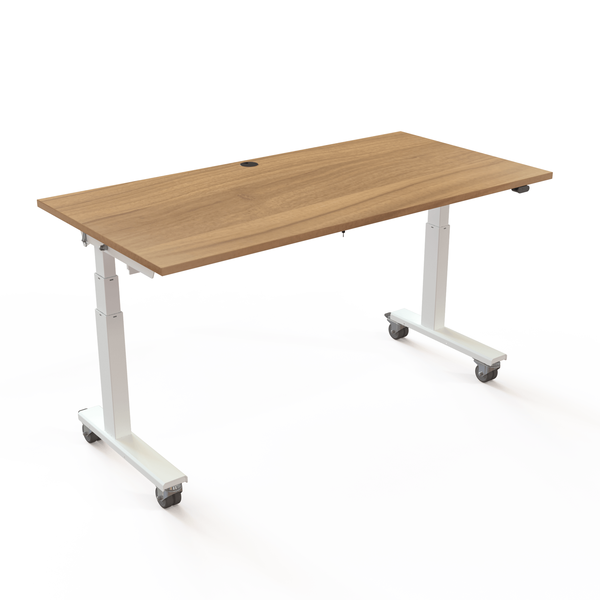 Kontor om dagen og yogastudie om aftenen. Skrivebordet der giver helt nye muligheder. Bordplade i valnød og hvidt stel. Løfter 100kg.