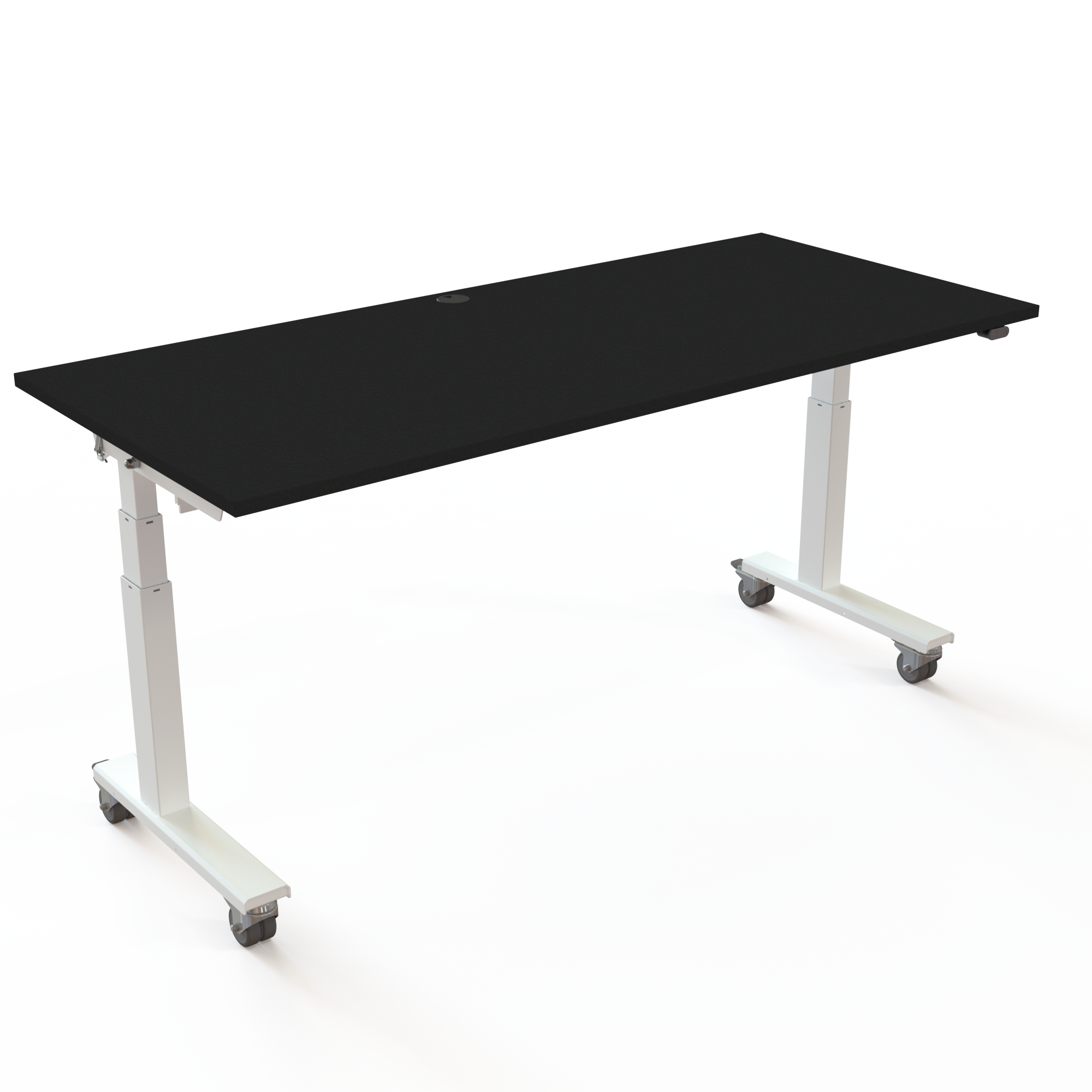 Er skrivebordene i vejen? Vores har hjul og kan skubbes sammen, 180x80cm. Bordplade i sort og hvidt stel. Løfter 100kg.