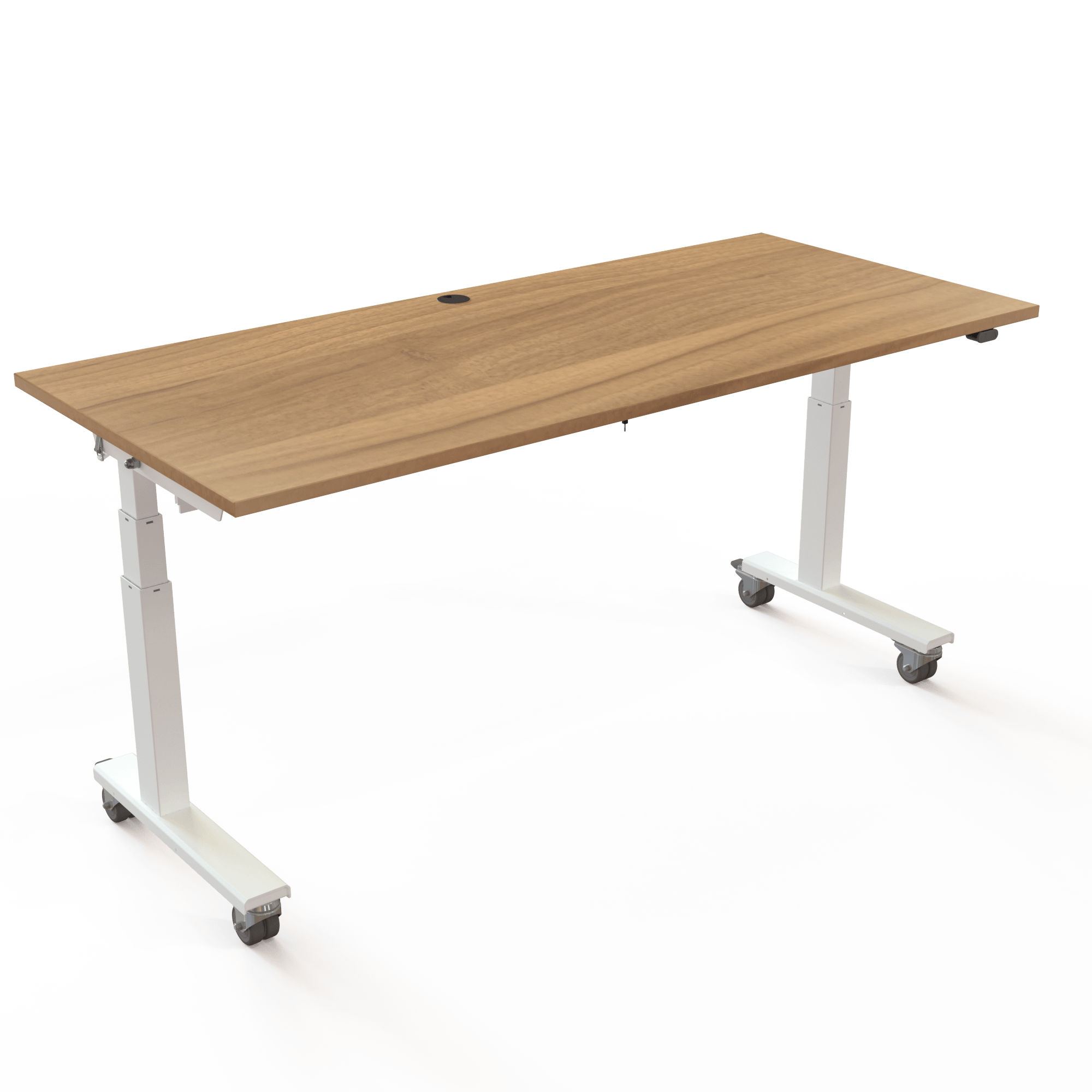 Skriveborde med fordelene til det åbne kontor. måler 180x80cm. Bordplade i valnød og hvidt stel. Ergonomisk og løfter 100kg.