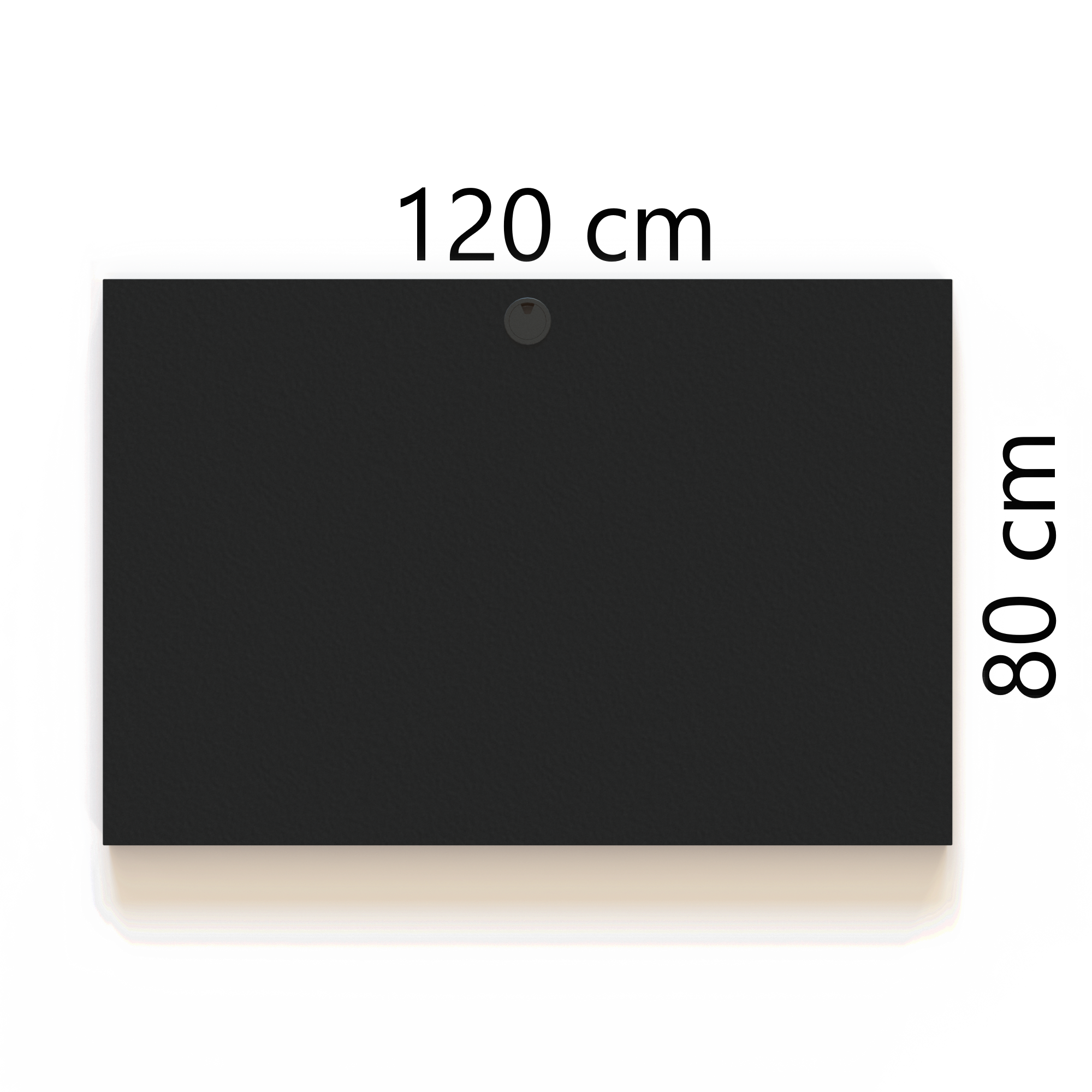 Kontor bordplade som måler 160x80cm, er med sort overflade og har hul til ledninger.