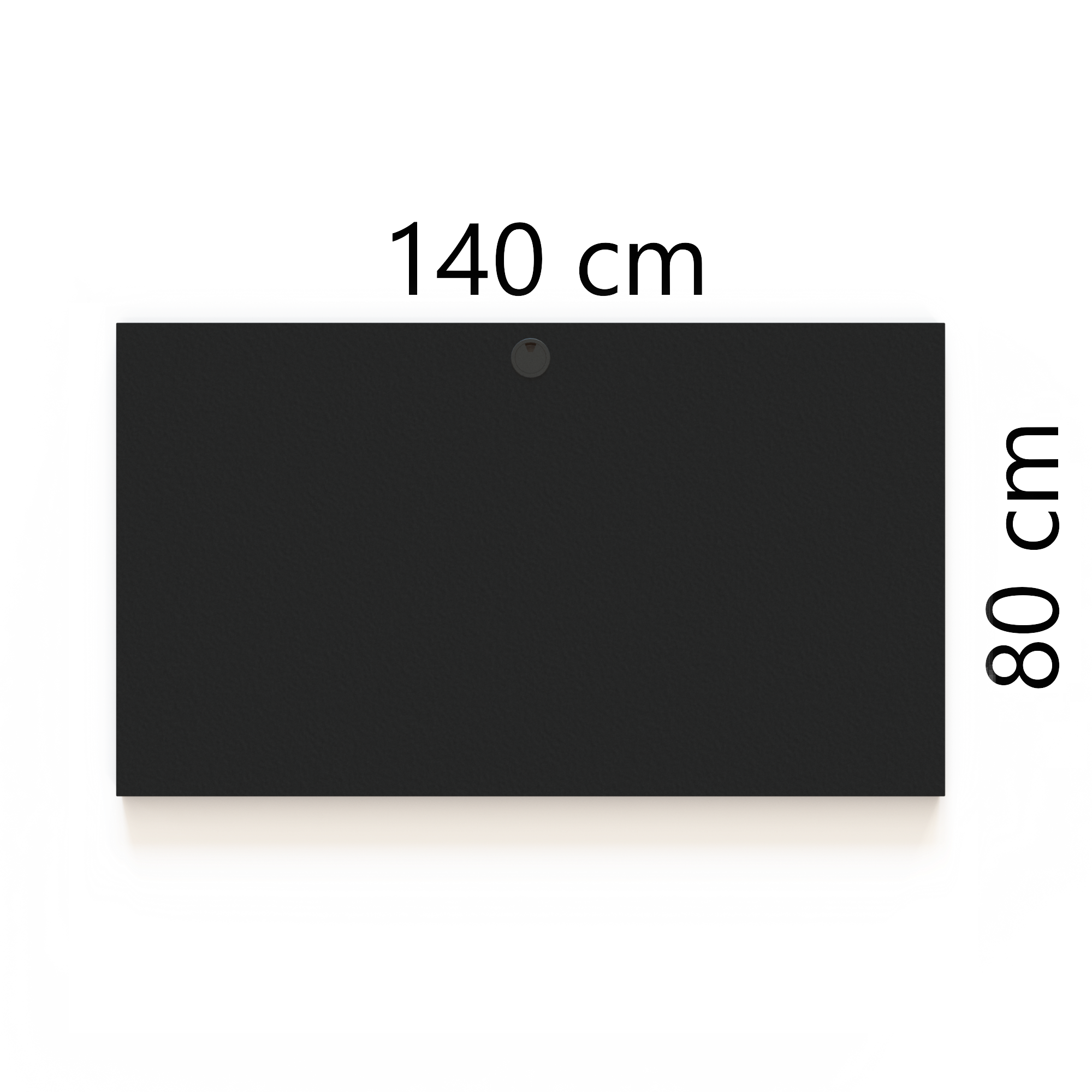 Kontor bordplade som måler 160x80cm, er med sort overflade og har hul til ledninger.