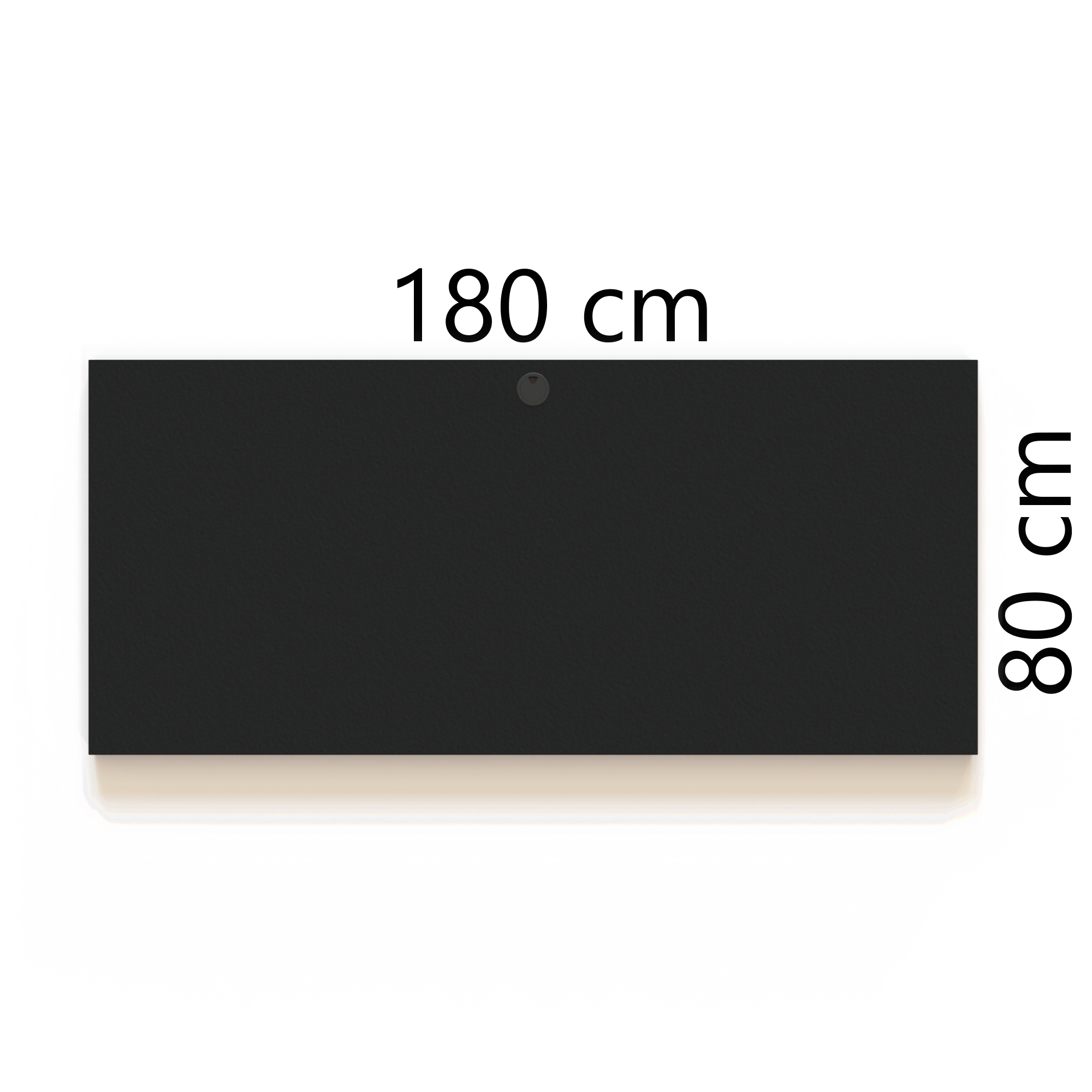 Kontor bordplade som måler 160x80cm, er med sort overflade og har hul til ledninger.